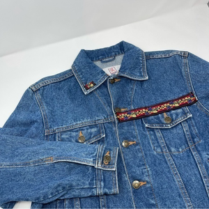 Real Work Ware Upcycled Jean Jacket Tapestry Heavy Weight Front Pockets Sz.Large